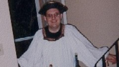 Young Caucasian man dressed as a strange pirate, Halloween 1998.
Image has been 'clothified'