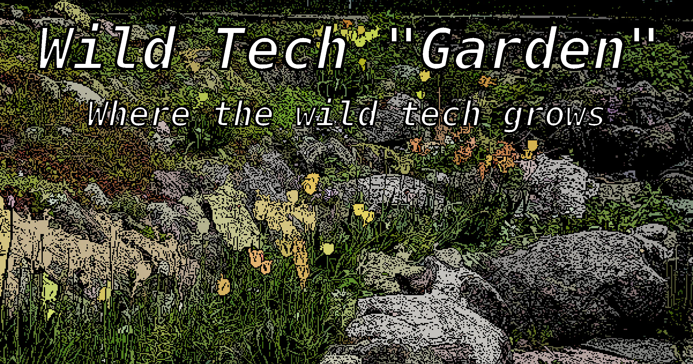 Pixelized view of a rock garden the words &lsquo;Wild Tech &ldquo;Garden&rdquo;: Where the wild tech grows&rsquo; as an overlay