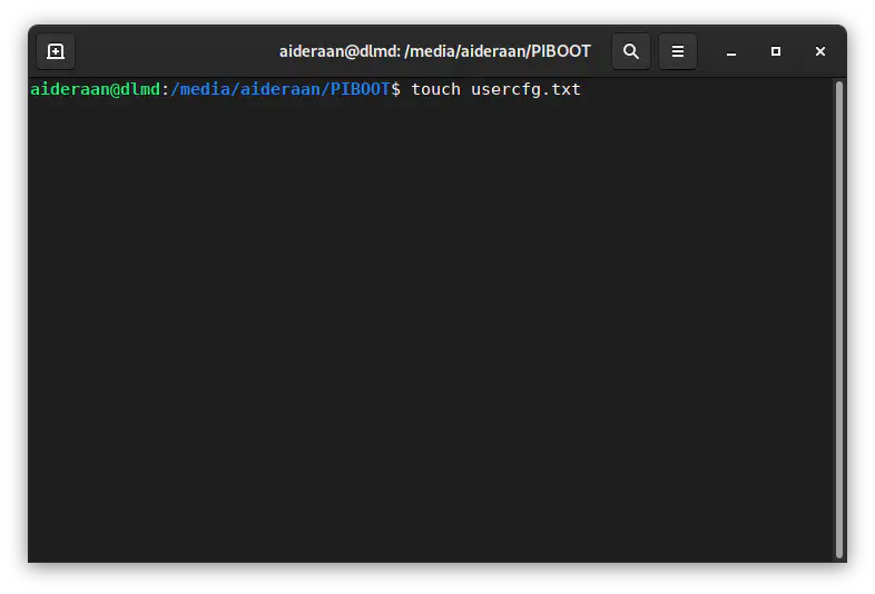 Drop to terminal (command line) to add empty usercfg.txt to boot partition via &rsquo;touch usercfg.txt&rsquo;