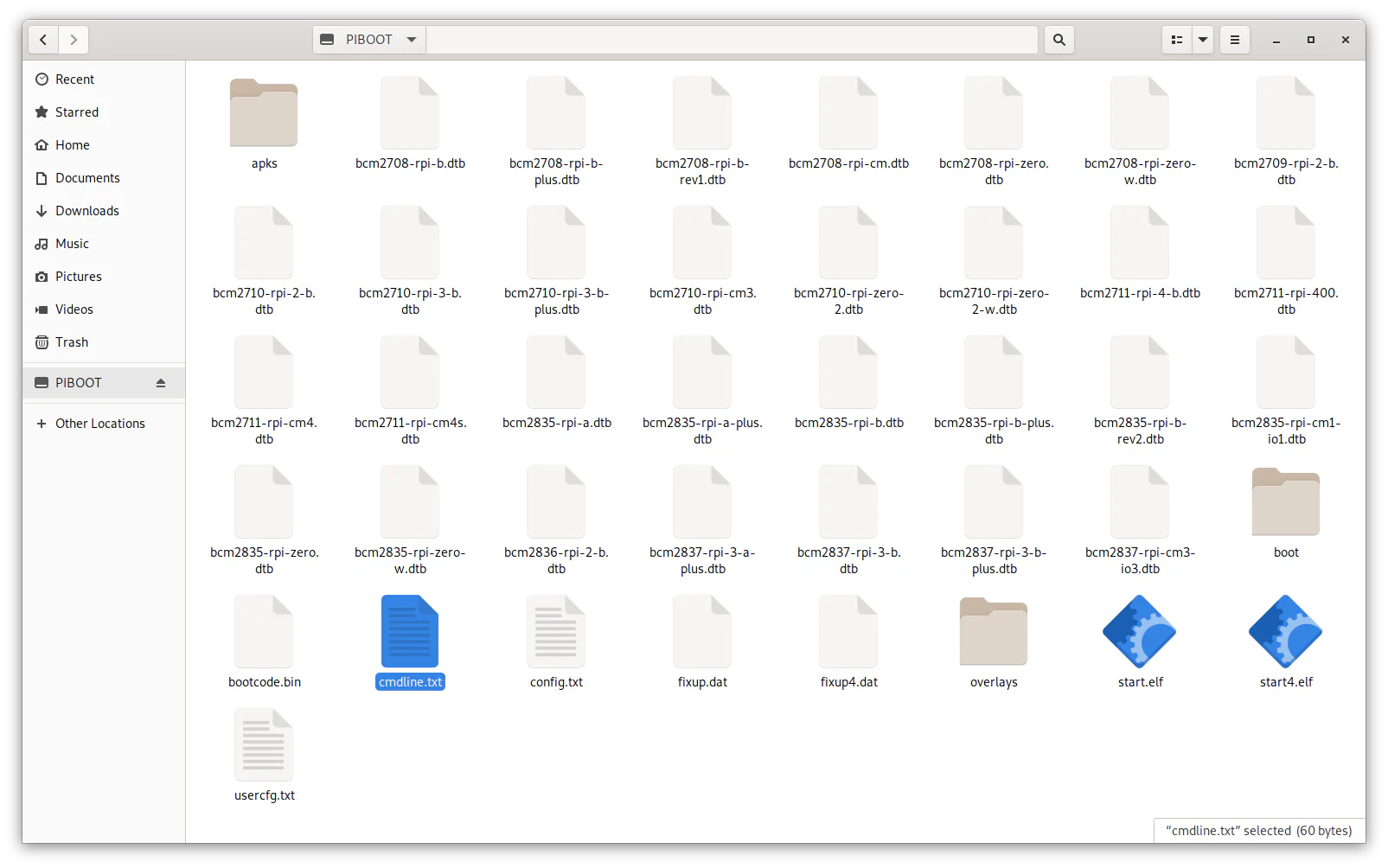 File manager with cmdline.txt highlighted