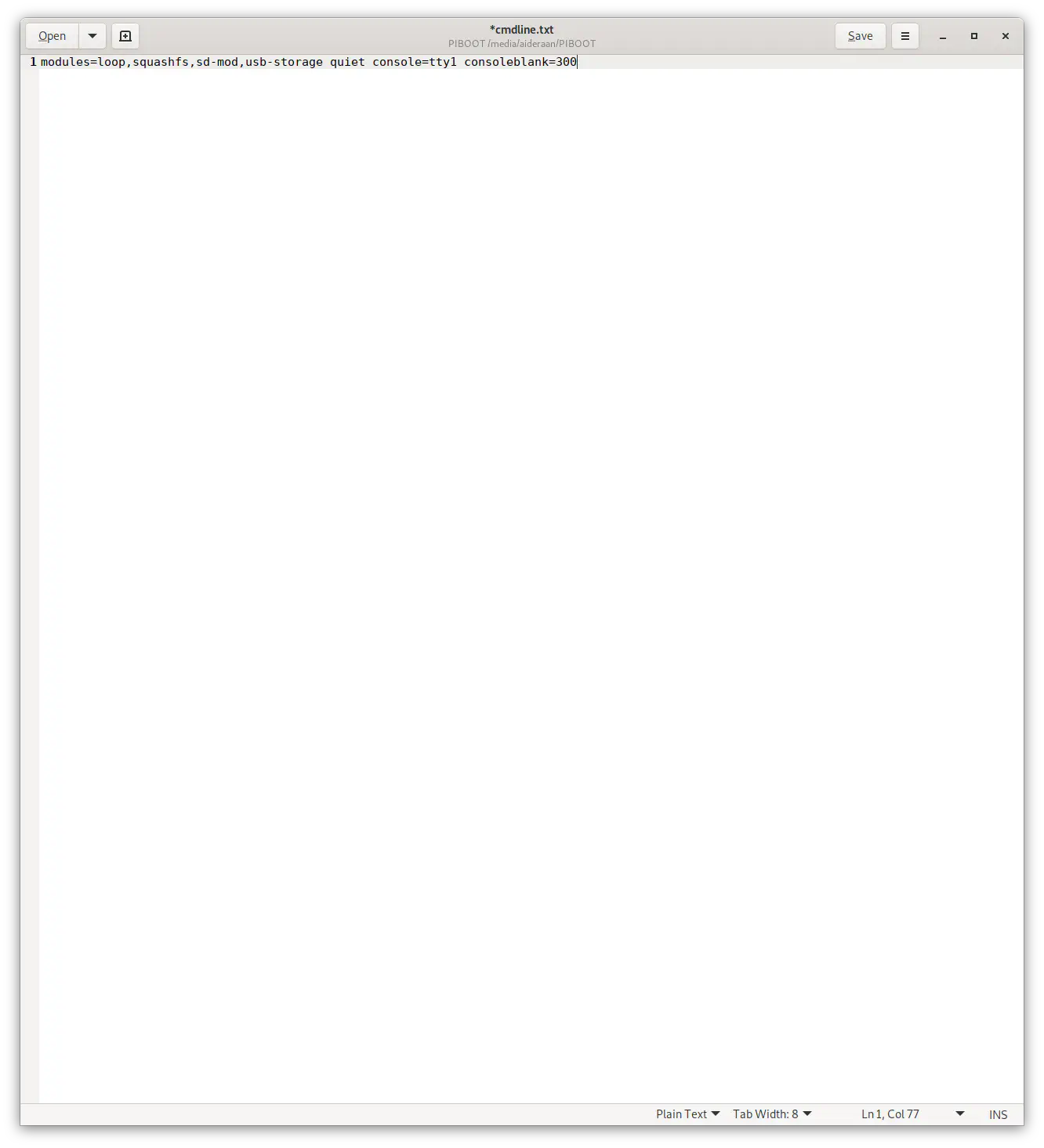 Text editor showing adding consoleblank=300 to kernel commandline in cmdline.txt