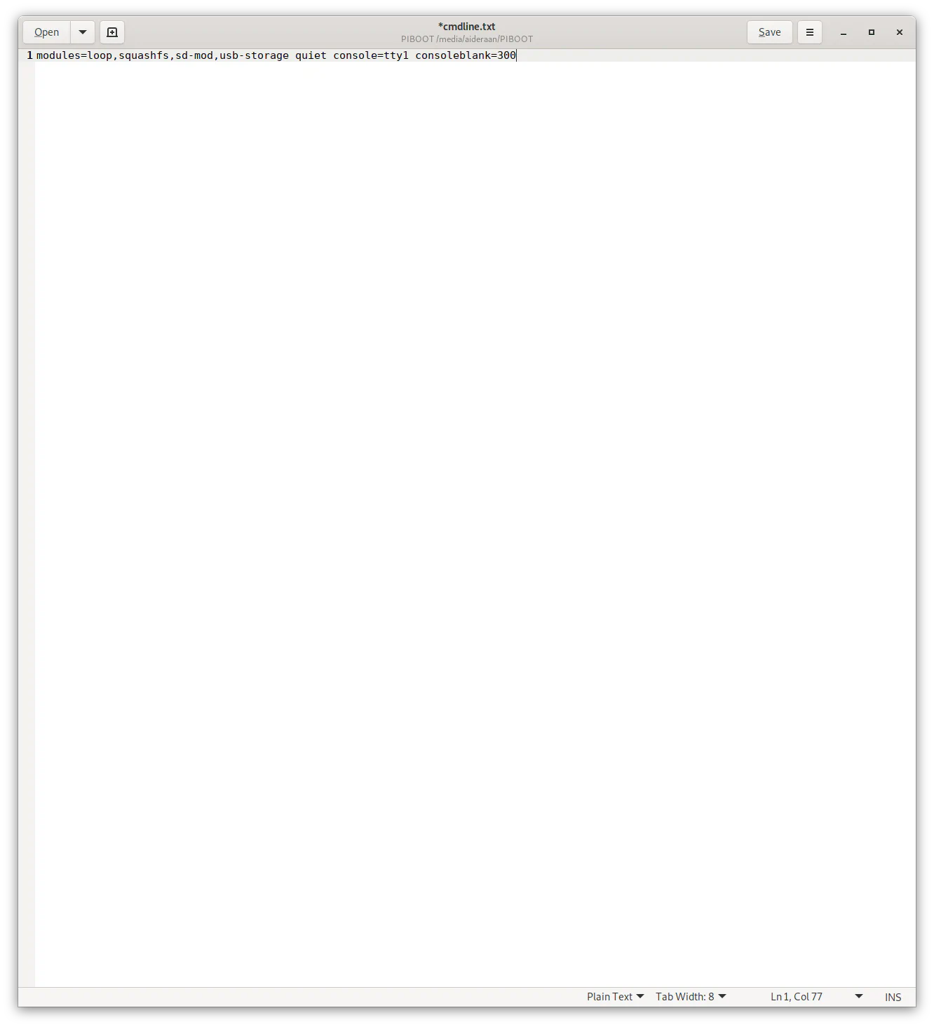 Text editor showing adding consoleblank=300 to kernel commandline in cmdline.txt