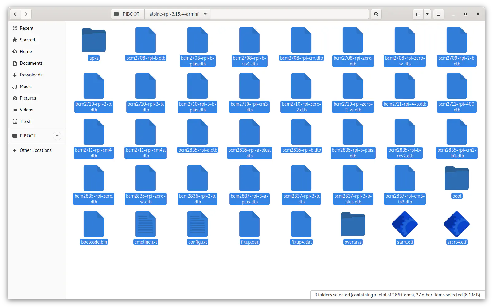 File manager showing all files boot files in directory from tarball selected