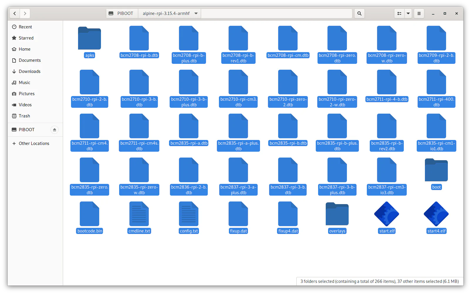 File manager showing all files boot files in directory from tarball selected