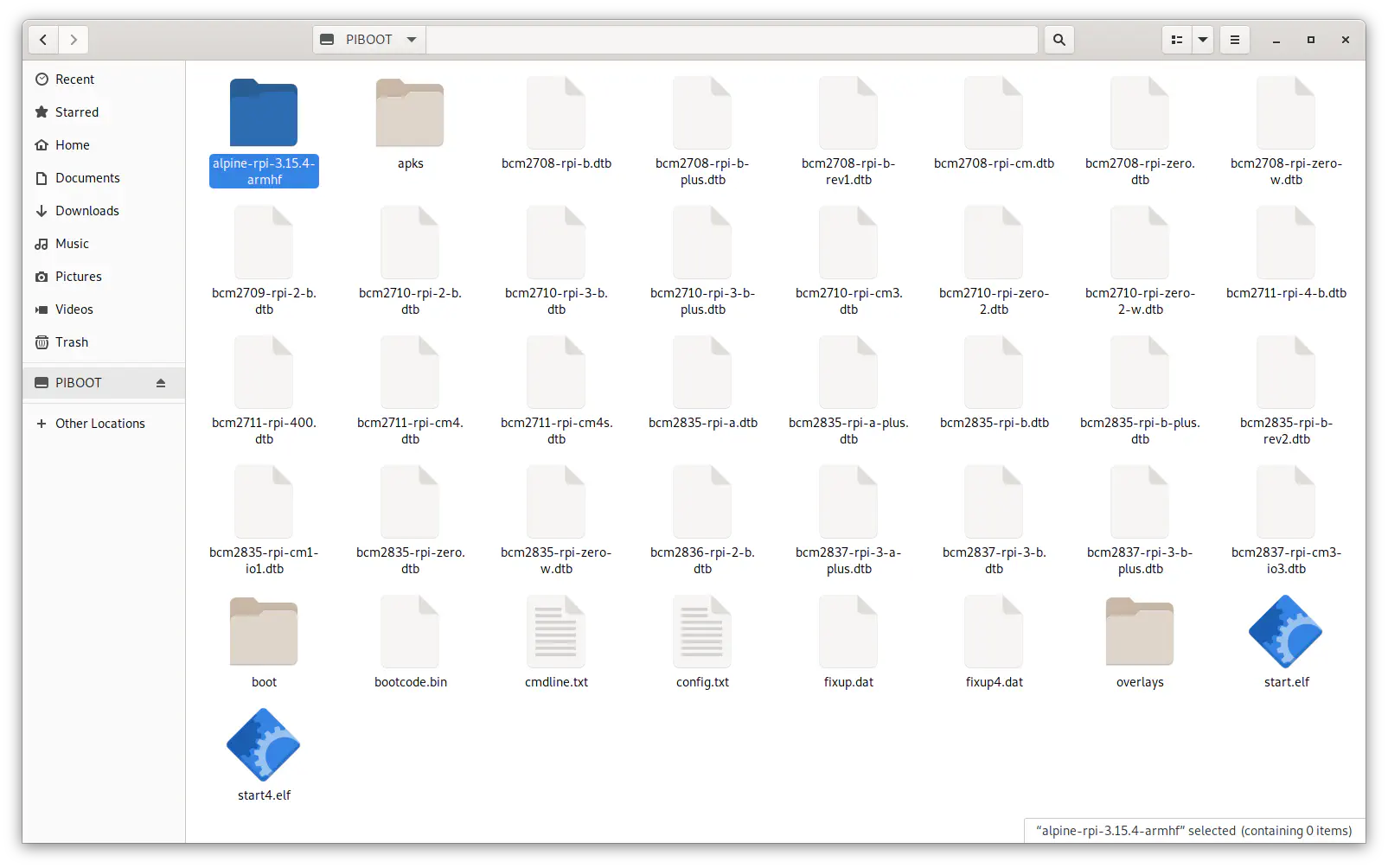 File manager showing the boot files moved into the top level of the boot partition