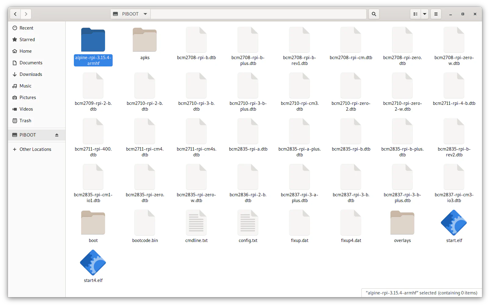 File manager showing the boot files moved into the top level of the boot partition