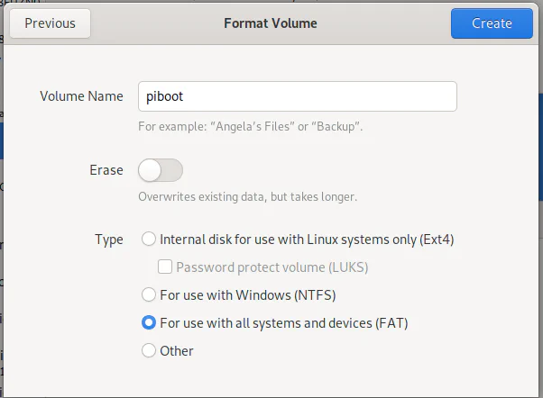 Gnome Disks add partition wizard format as vfat