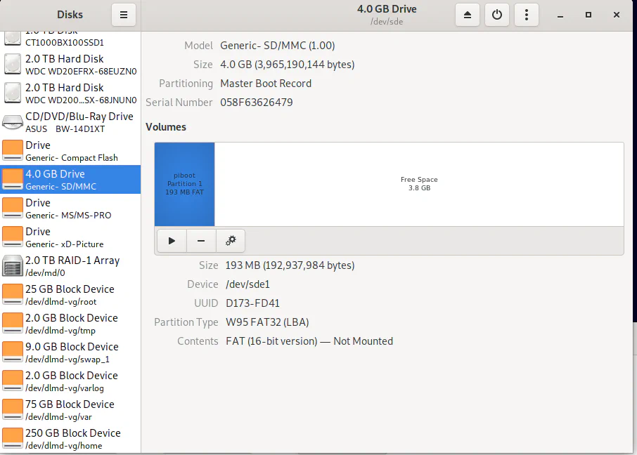 Gnome Disks showing SD card with FAT 16 boot partition