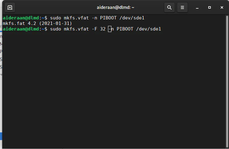 Drop to terminal to reformat as FAT 32 because GNOME disks doesn’t have that option