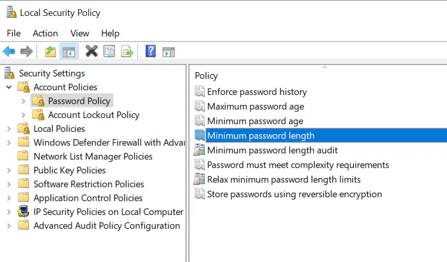 Local Security Policy opened to Account Policy|Password Policy|Minimum passwordlength