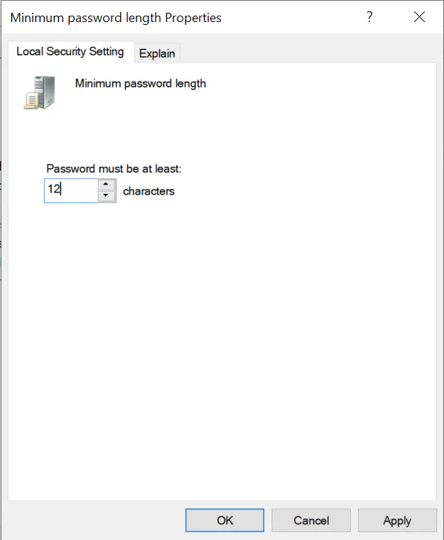 Local Security Policy opened to Account Policy|Password Policy|Minimumpasswordlength