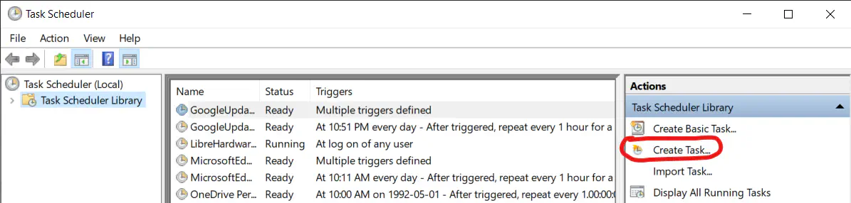 Task Scheduler with &lsquo;Create Task&rsquo; circled inred