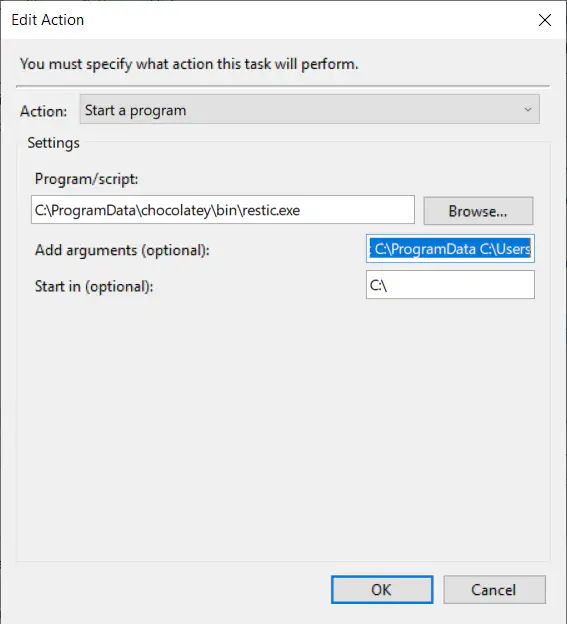 Task scheduler, create &lsquo;Restic Backup&rsquo; task, creating&lsquo;action&rsquo;