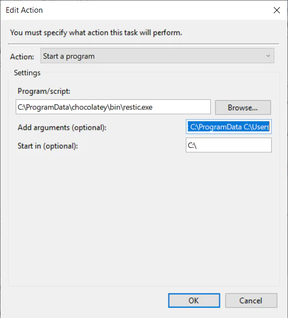 Task scheduler, create ‘Restic Backup’ task, creating
‘action’