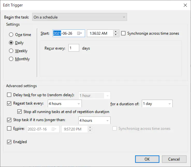 Task Scheduler, creating &lsquo;Restic Backup&rsquo; task, creating&rsquo;trigger&rsquo;
