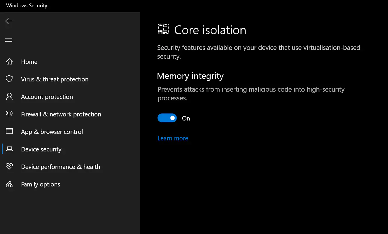 A snapshot of the &lsquo;Core Isolation&rsquo; page in &lsquo;Device Security&rsquo;