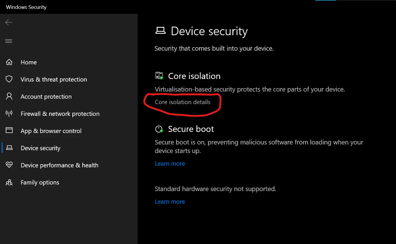 A snapshot of the &lsquo;Device Security&rsquo; page in &lsquo;Windows Security&rsquo;