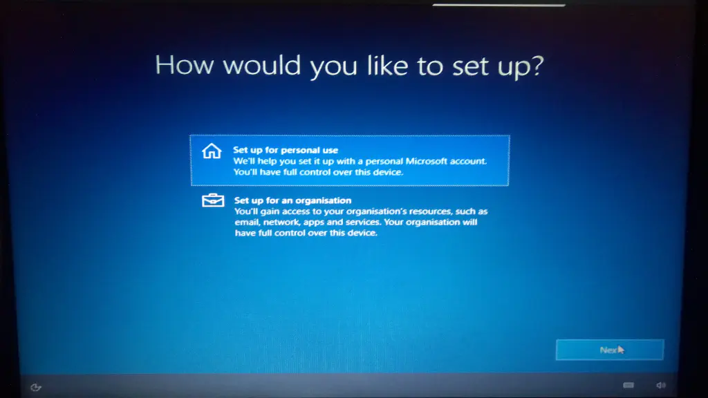 Chose of setting of as a &lsquo;Personal Use&rsquo; computer or an organizationcontrolled &lsquo;School or Work&rsquo; computer