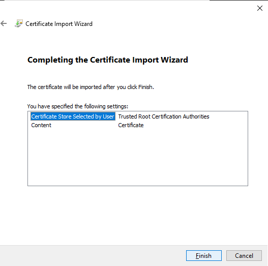 Confirmation page for install certificate wizard