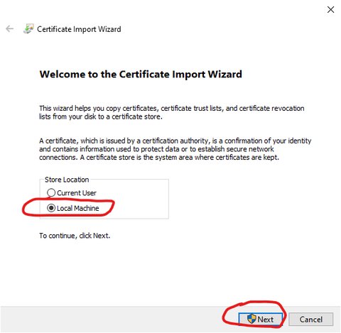 Install certificate wizard 'Store Location' dialogue