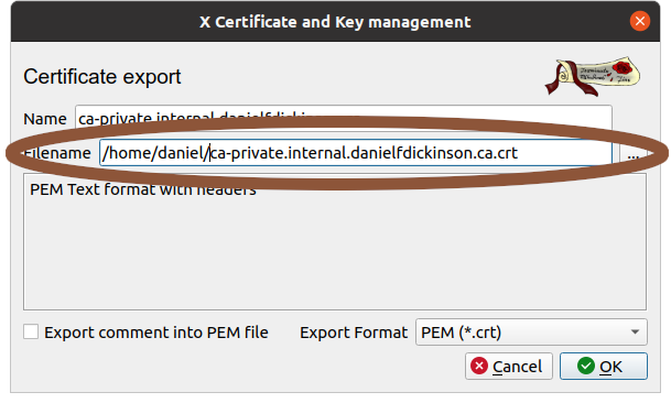 Export dialogue with filename and path circled