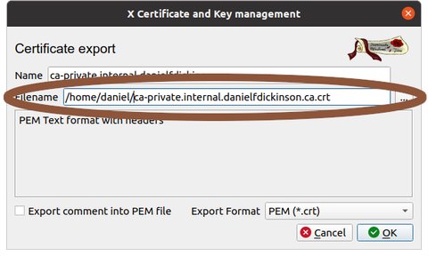 Export dialogue with filename and path circled