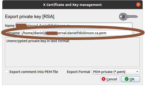 Export private key dialogue with filename circled