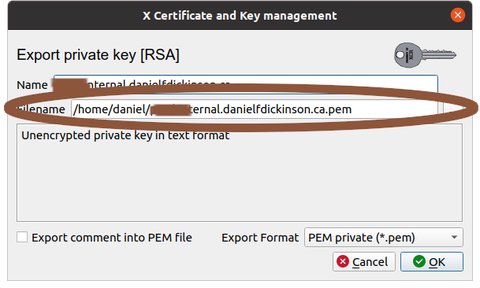 Export private key dialogue with filename circled