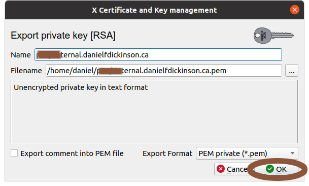 Export private key dialogue with 'OK' button circled