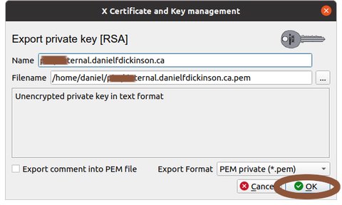 Export private key dialogue with 'OK' button circled