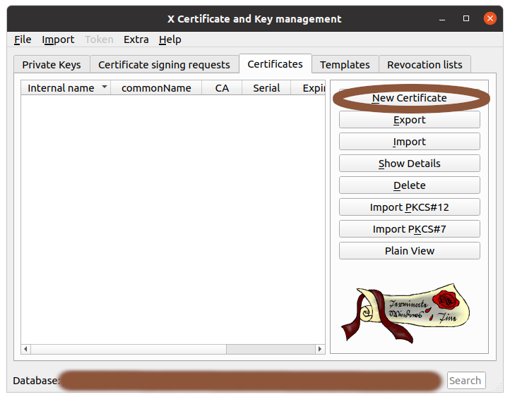 Main window with 'New Certificate circled