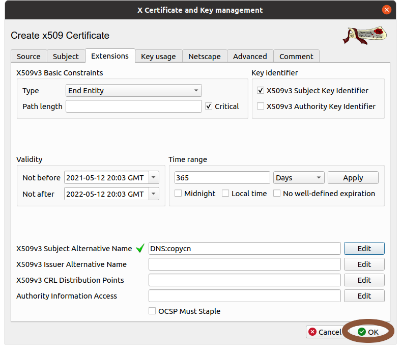 New certificate dialogue for server certificate with 'OK' circled