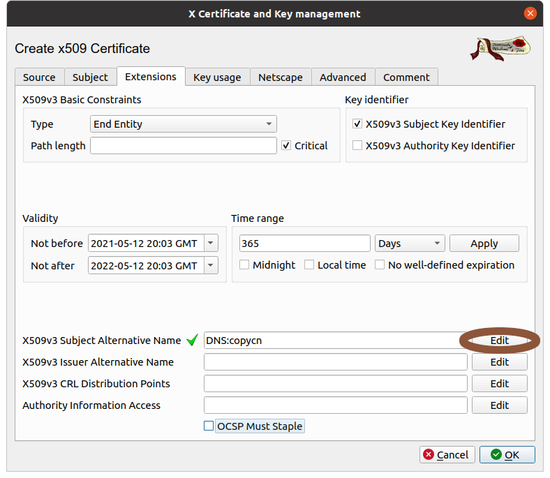 New certificate dialogue extensions tab with SAN (Subject Alternative Name) edit button circled