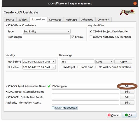 New certificate dialogue extensions tab with SAN (Subject Alternative Name) edit button circled
