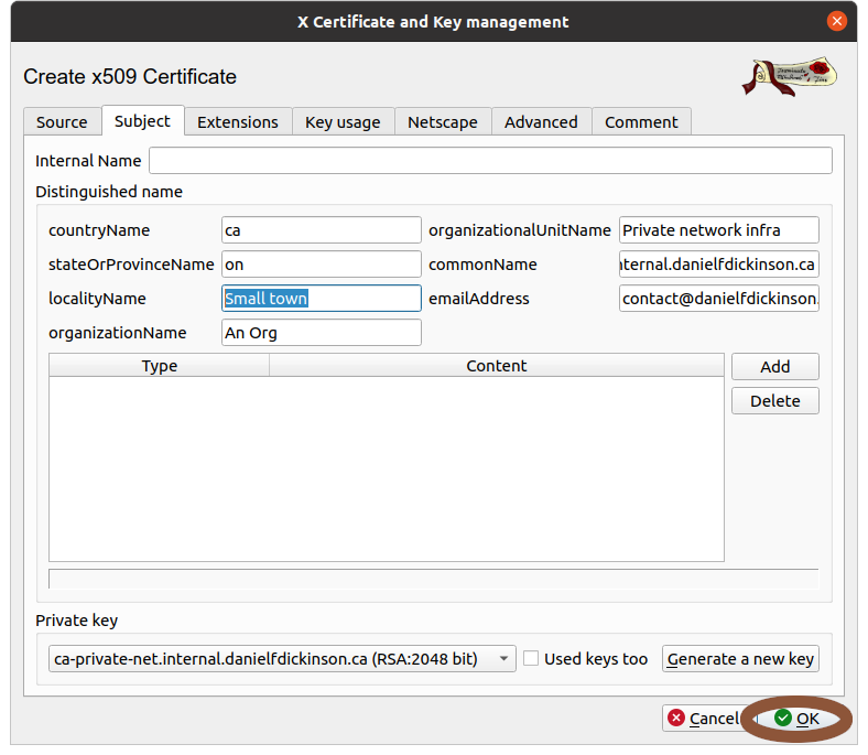 New certificate dialogue subject tab with 'OK' circled