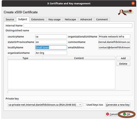 New certificate dialogue subject tab with 'OK' circled