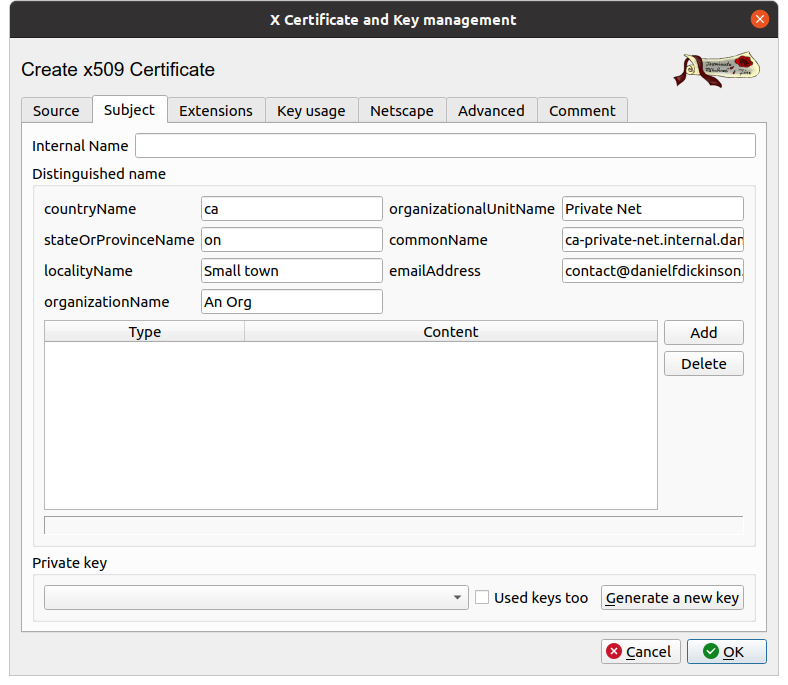 New certificate dialogue 'Subject' tab with example information entered