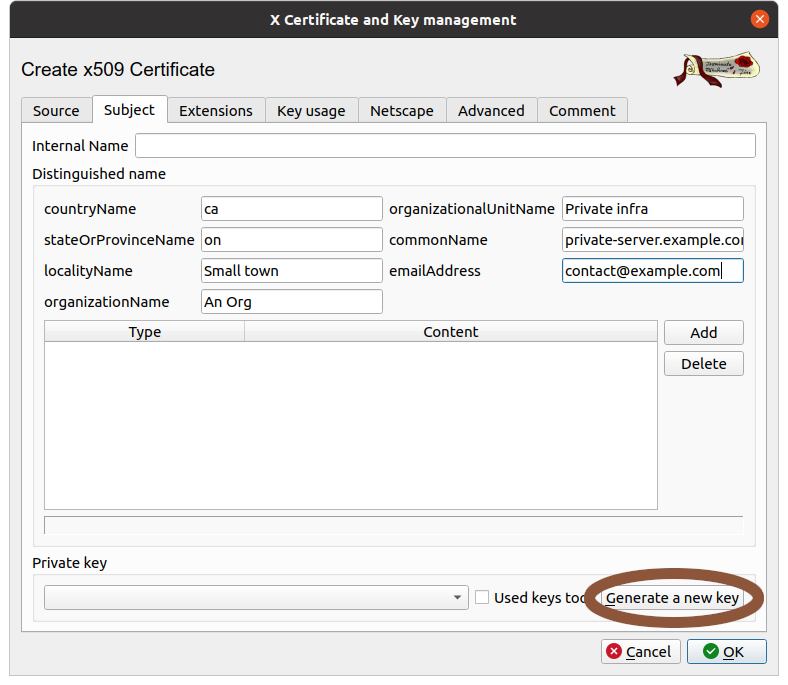 New certificate dialogue subject tab with 'Generate a new key' circled