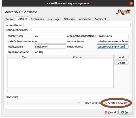 New certificate dialogue subject tab with 'Generate a new key' circled