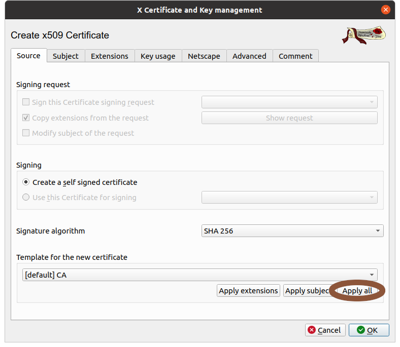 New certificate dialogue with 'Apply all' circled
