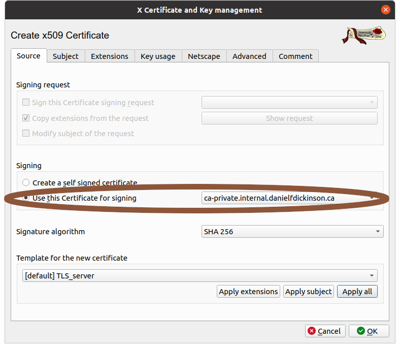 New certificate dialogue with an existing CA selected to use as the certificate for signing