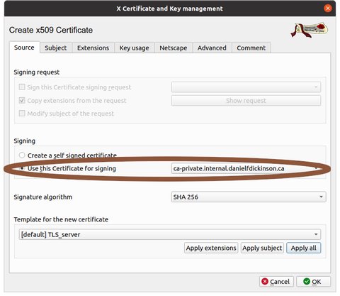 New certificate dialogue with an existing CA selected to use as the certificate for signing