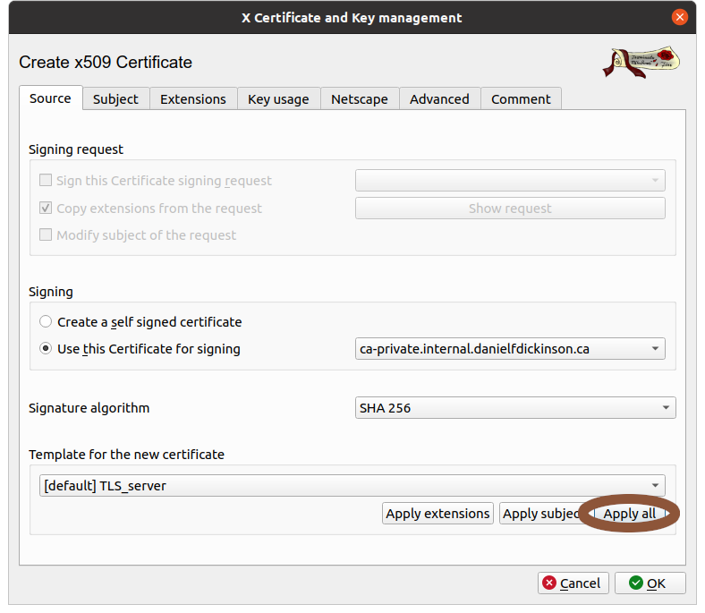 New certificate dialogue with 'Apply all' circled when TLS template is selected, and with an existing CA selected for use