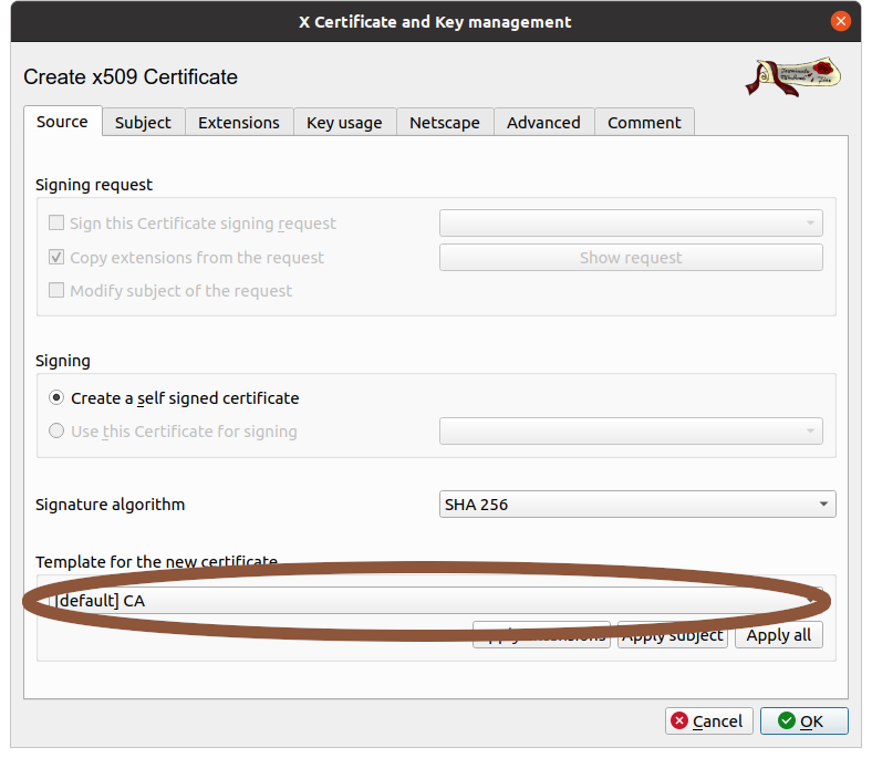 Screenshot of XCA new certificate dialogue with default CA circled