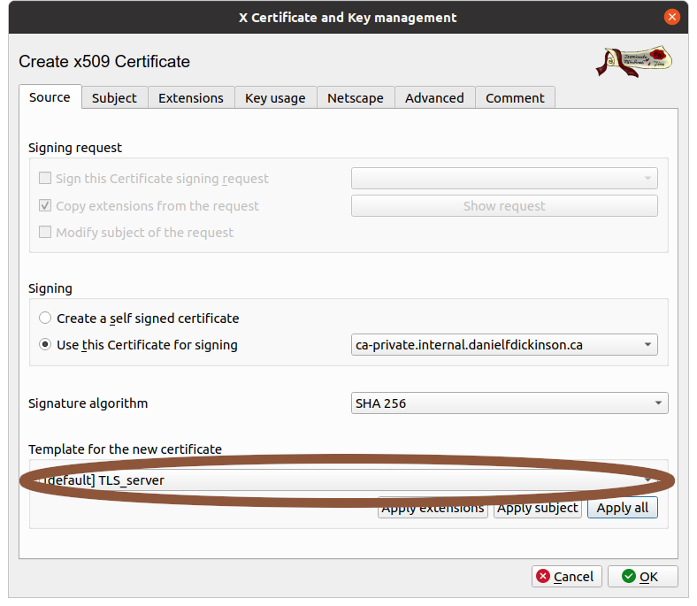 New certificate with TLS server template selected and circled (and an existing CA selected to use for signing)