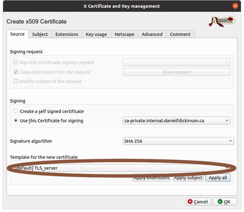 New certificate with TLS server template selected and circled (and an existing CA selected to use for signing)