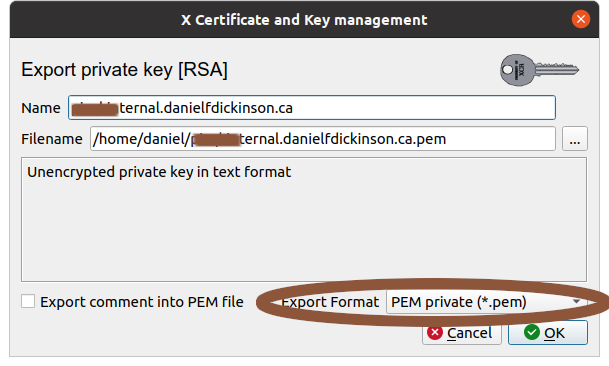 Private key export dialogue with PEM private circled