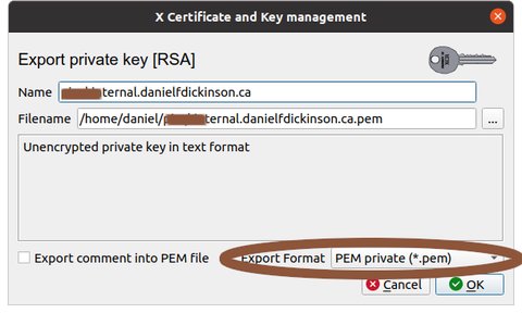 Private key export dialogue with PEM private circled