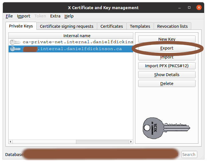 Private keys tab with 'Export' circled