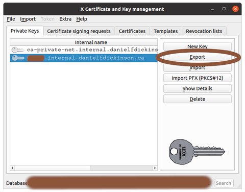 Private keys tab with 'Export' circled
